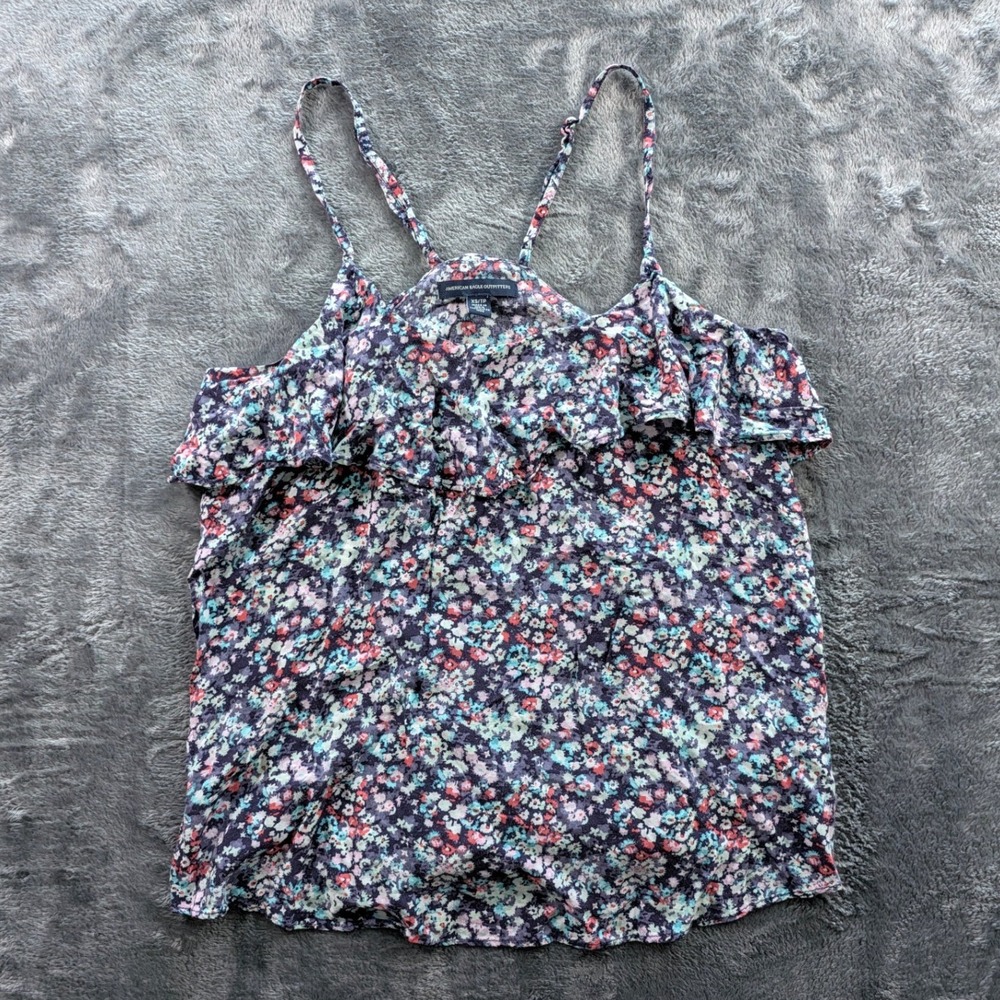 American Eagle Outfitters Floral Ruffle Cami Top Navy Multi XS